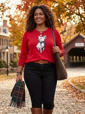 Charter Club Red French Bulldog Graphic Knit Sweater Shoulder Buttons - Size XL